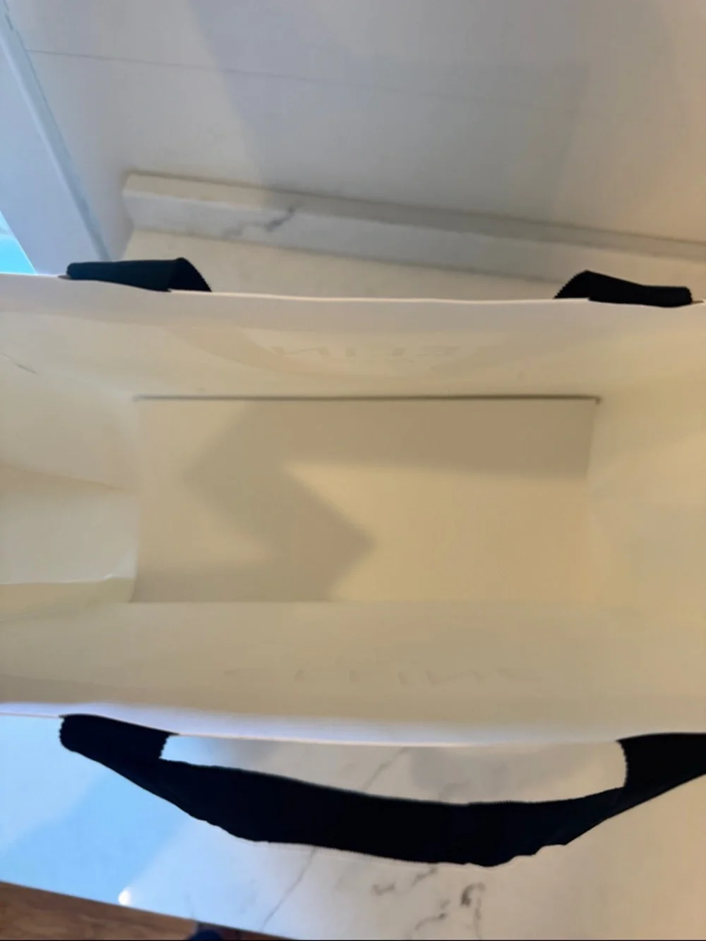 Celine White Shopper Bag with Black Ribbon Handles approx 16x26x7